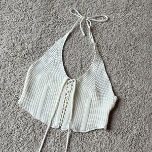 12th Tribe Cream Crochet Halter Lace-Up Crop Top